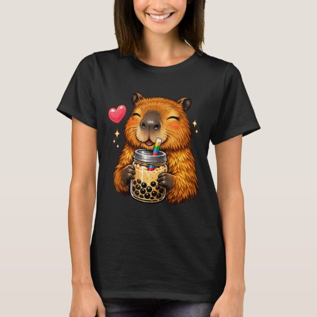 Cute Capybara Kawaii Anime Drinking Bubble Tea T-Shirt (Front)