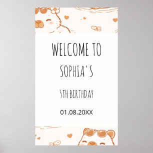 Cute Capybara Kids 5th Birthday Party Welcome Sign