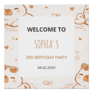 Cute Capybara Kids Birthday Party Welcome Poster