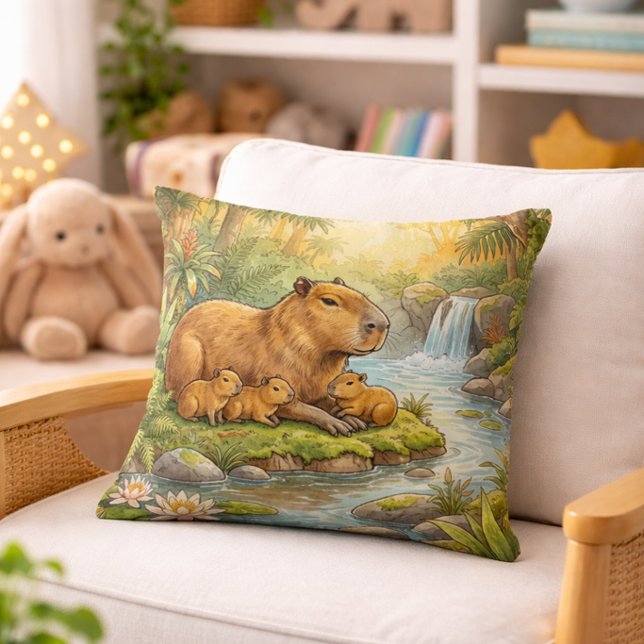 Cute Capybara Mama And Babies Jungle Animals  Cushion (Creator Uploaded)