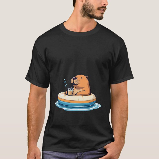 Cute Capybara on pool float drinking bubble tea T-Shirt (Front)