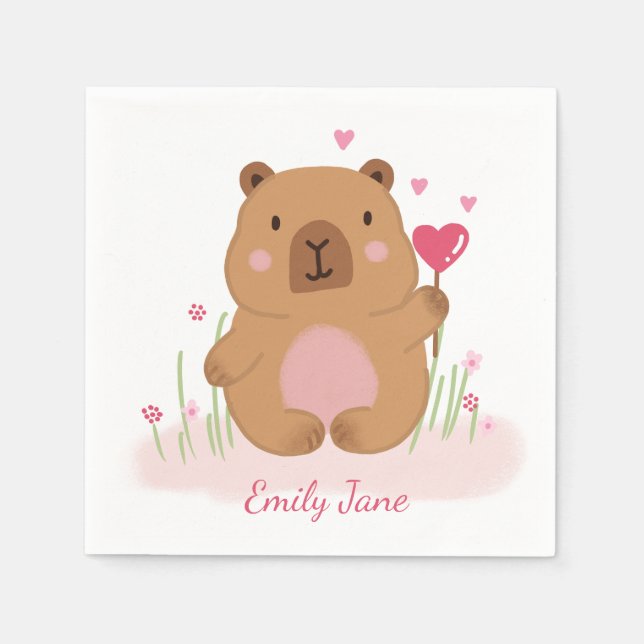 Cute Capybara Personalized Pink Baby Shower  Napkin (Front)