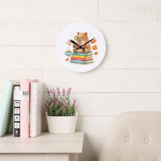 Cute Capybara Reading Books Watercolor  Large Clock