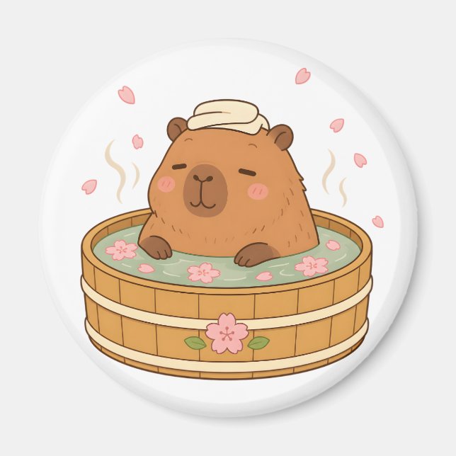 Cute Capybara Sakura Onsen Cherry Blossom Magnet (Front)