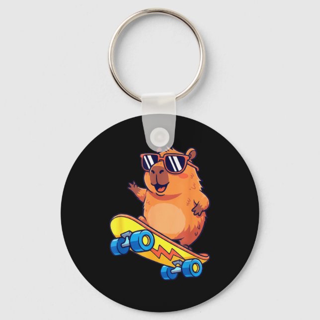 Cute Capybara Skateboarding Chill Animal Lover Art Key Ring (Front)