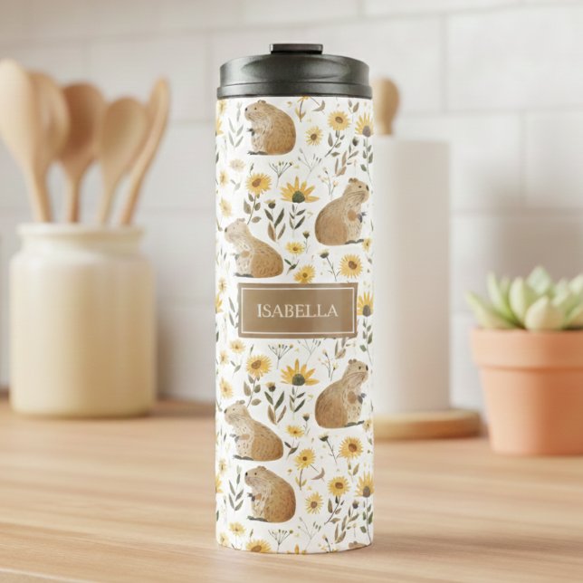 Cute Capybara Thermal Tumbler (cute capybara floral sunflowers thermal tumbler, personalized gift for girls,custom gift for runners)