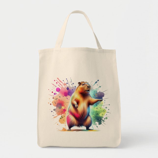 Cute Capybara Watercolor Art Grocery Tote Bag (Front)
