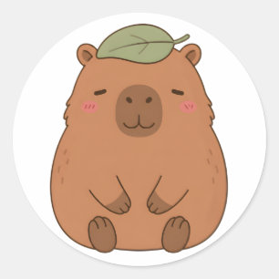 Cute Capybara With Green Leaf On Head Sticker