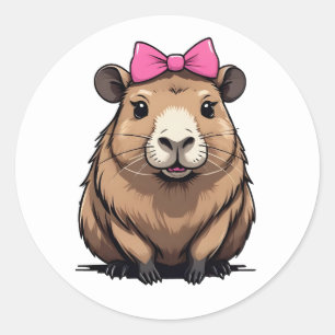 Cute Capybara with Pink Ribbon Bow Women Girls Classic Round Sticker