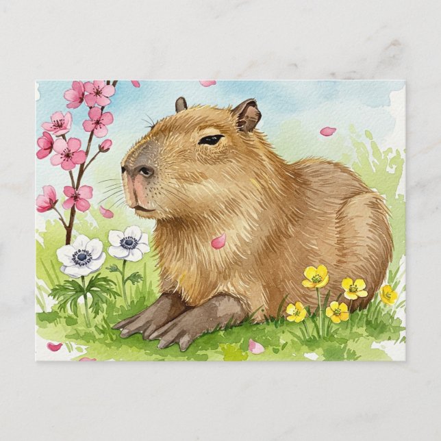 Cute Capybara with Spring Flowers Postcard (Front)
