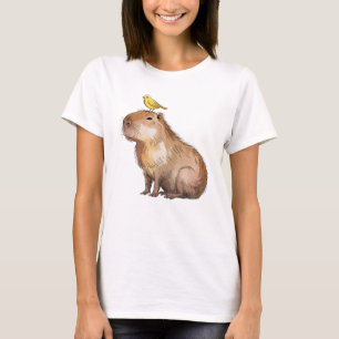 Cute Capybara with Yellow Bird Watercolor Art T-Shirt