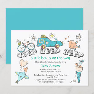 Cute car baby shower transport travel blue orange invitation