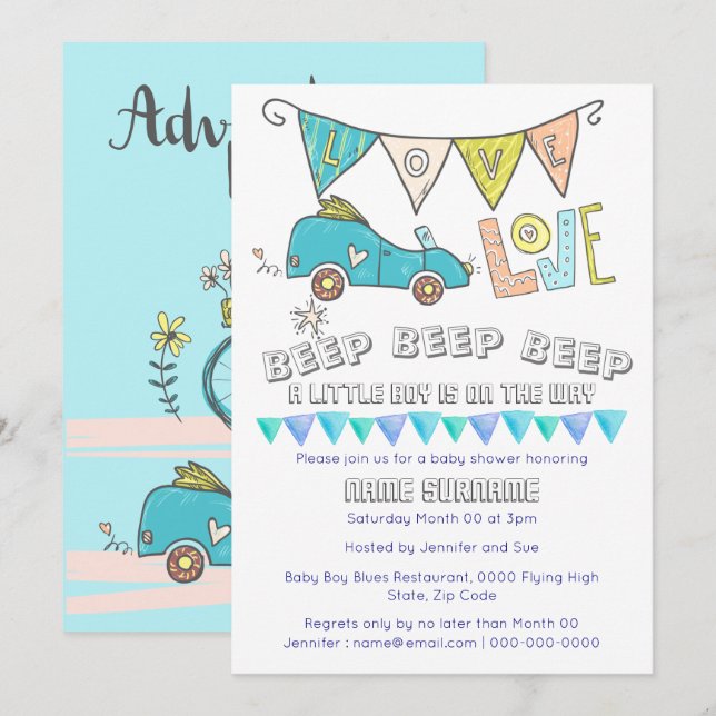 Cute car baby shower transport travel boys flags invitation (Front/Back)