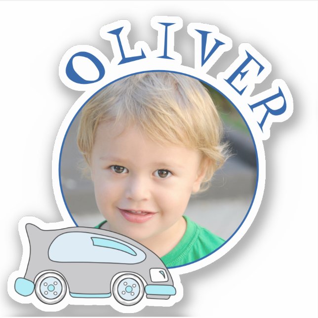 Cute Car Blue Round Frame Name and Photo Kids (Front)