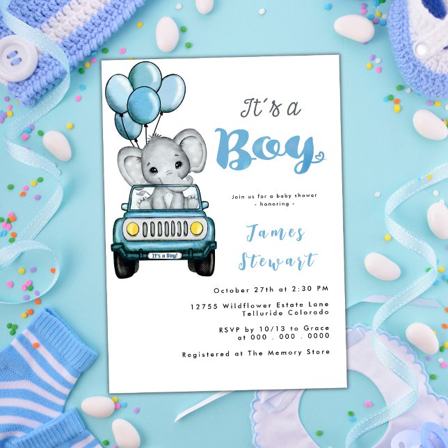 Cute Car Boy's Elephant Watercolor Baby Shower Invitation (Creator Uploaded)