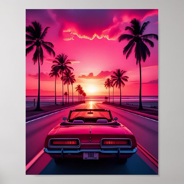 Cute Car Palm trees Beach Summer Pink View Poster (Front)