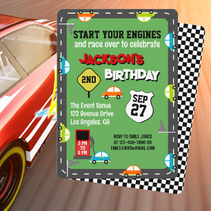 Cute Car Race Track Kids Colourful Birthday Party Invitation