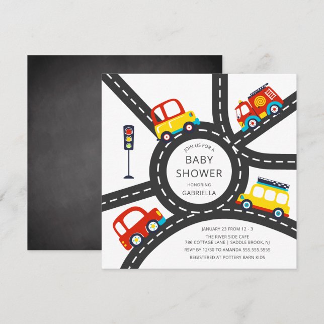 Cute Car Roadway Boys Baby Shower Invitation (Front/Back)