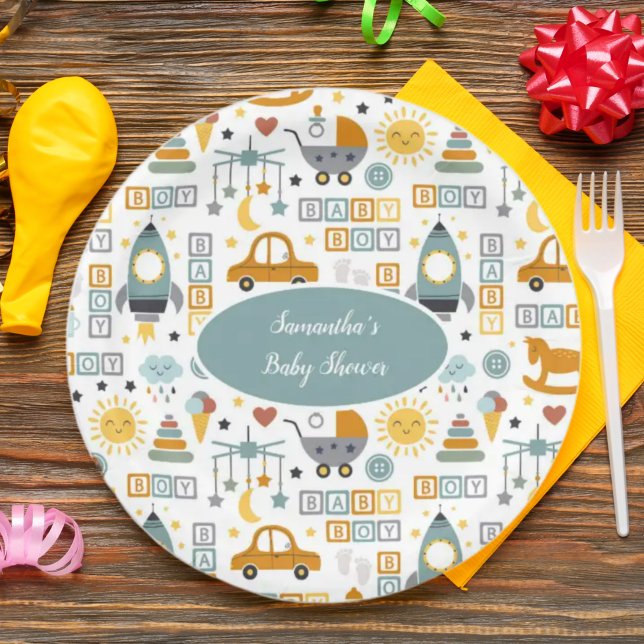 Cute Car Toy Pattern Boy Teal Baby Shower Paper Plate (Creator Uploaded)