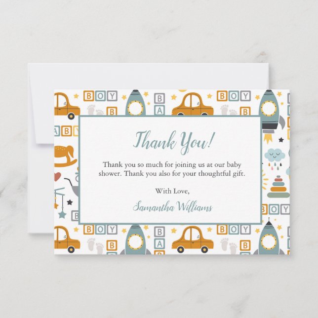 Cute Car Toy Pattern Boy Teal Baby Shower Thank You Card (Front)