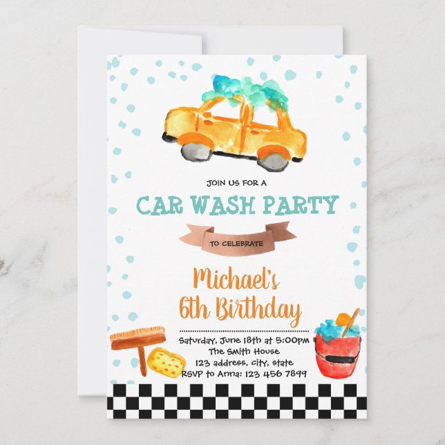 Cute car wash party birthday invitation (Front)