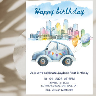 Cute Car with Balloons First Birthday Party Invitation