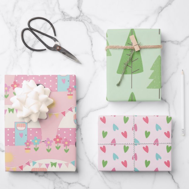 Cute caravans trees and heart patterned  wrapping paper sheet (Front)
