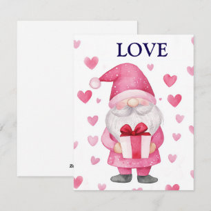 cute card with a cartoon pink gnome in love 