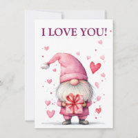 cute card with a cartoon pink gnome in love
