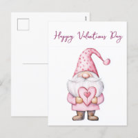 cute card with a cartoon pink gnome in love