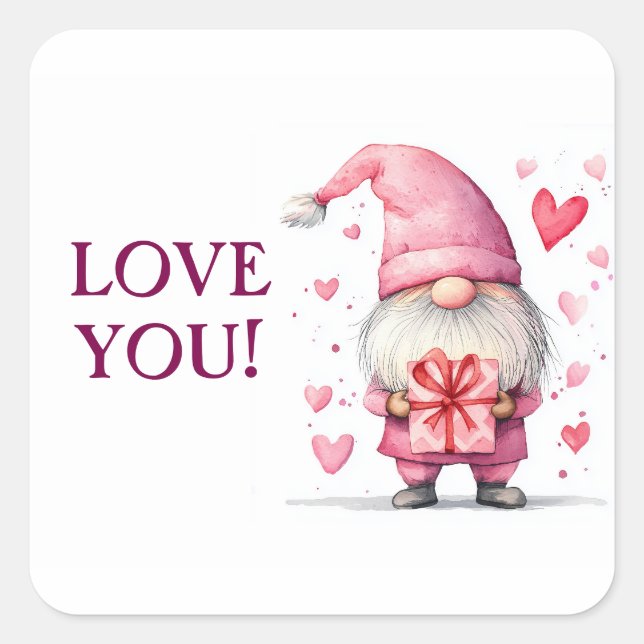 cute card with a cartoon pink gnome in love square sticker (Front)