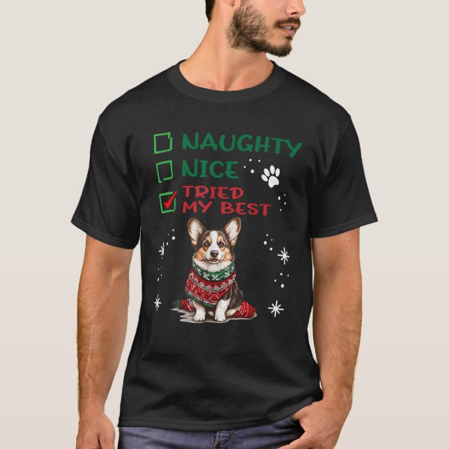 Cute Cardigan Welsh Corgi Dog Christmas Naughty Ni T-Shirt (Front)