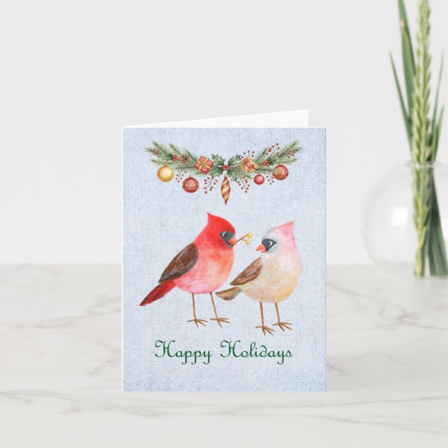 Cute Cardinal Couple Retro Happy Holiday Christmas Card (Front)