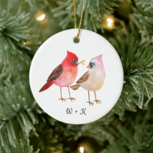 Cute Cardinal Giving Gifts Couple Custom Christmas Ceramic Tree Decoration