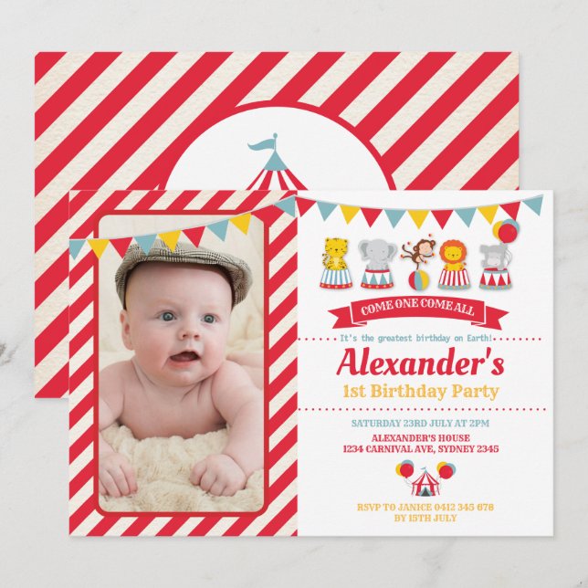 Cute Carnival Circus Animals Birthday Party Photo Invitation (Front/Back)