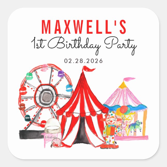 Cute Carnival Circus Festival Show Kids Birthday Square Sticker (Front)