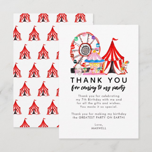 Cute Carnival Circus Show Clowns Balloons Birthday Thank You Card (Front/Back)