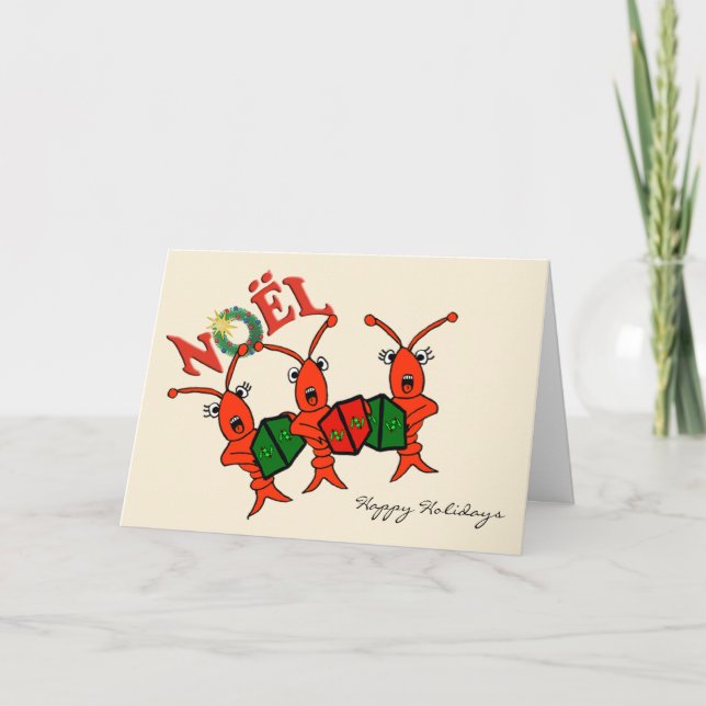 Cute Caroling Crawfish Lobster Christmas Holiday Card (Front)