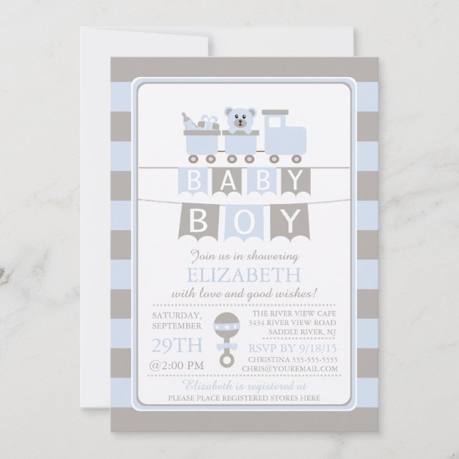 Cute Carriage Bear Boy Baby Shower Invitation (Front)