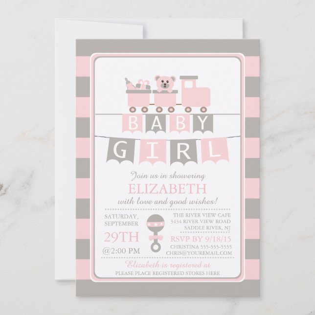 Cute Carriage Bear Girls Baby Shower Invitation (Front)