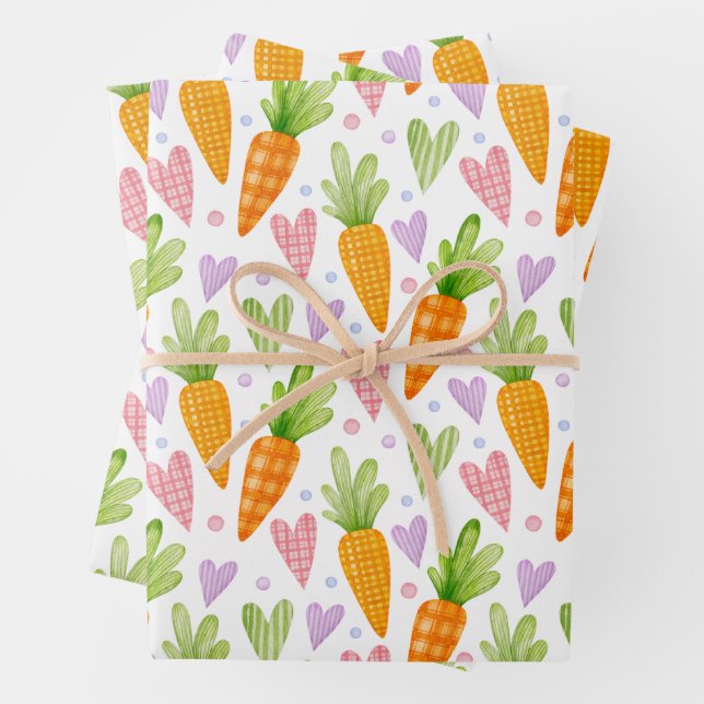 Cute Carrots and Hearts Wrapping Paper Sheet (In situ)