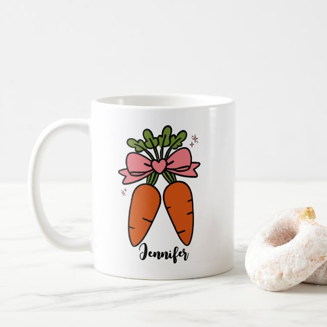 Cute carrots with a pink bow personalised name coffee mug (With Donut)