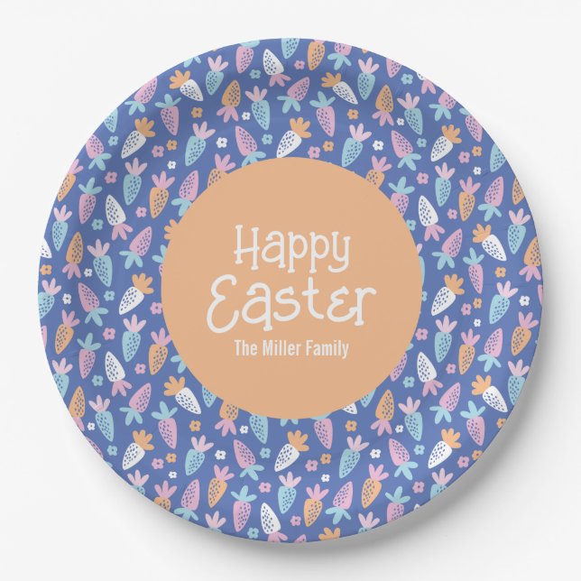 Cute carrots with happy easter text and name paper plate (Front)
