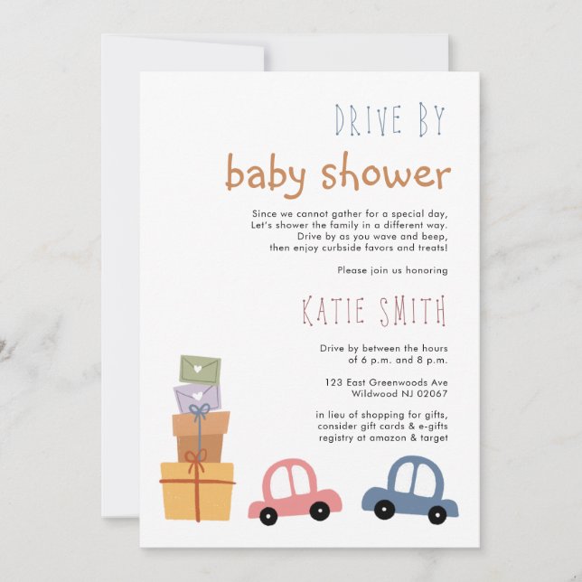 Cute Cars and Gifts Drive by Baby Shower Invitation (Front)