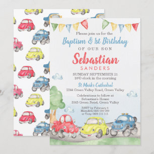 Cute Cars Baptism 1st Birthday Invitation
