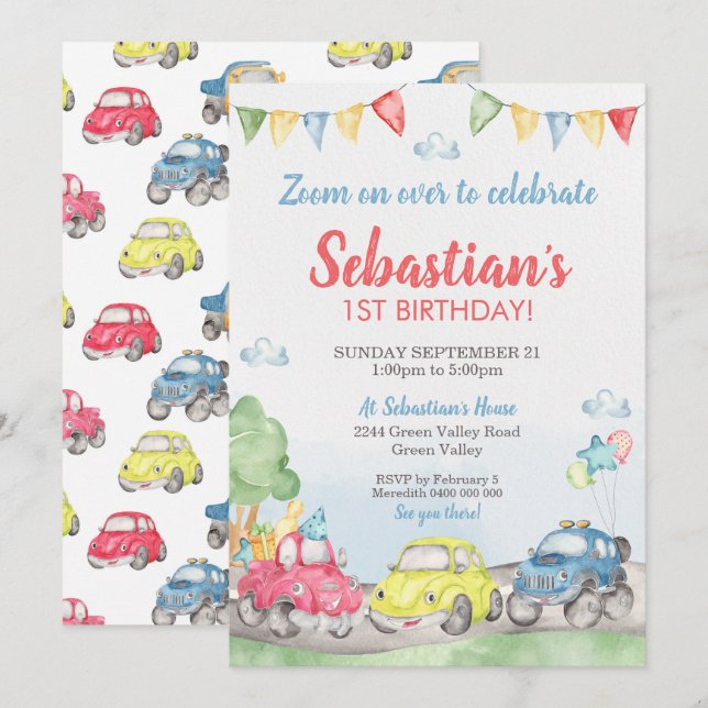 Cute Cars Birthday Invitation (Front/Back)