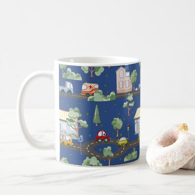 Cute Cars in Town Pattern for Little Boys Blue Coffee Mug (With Donut)