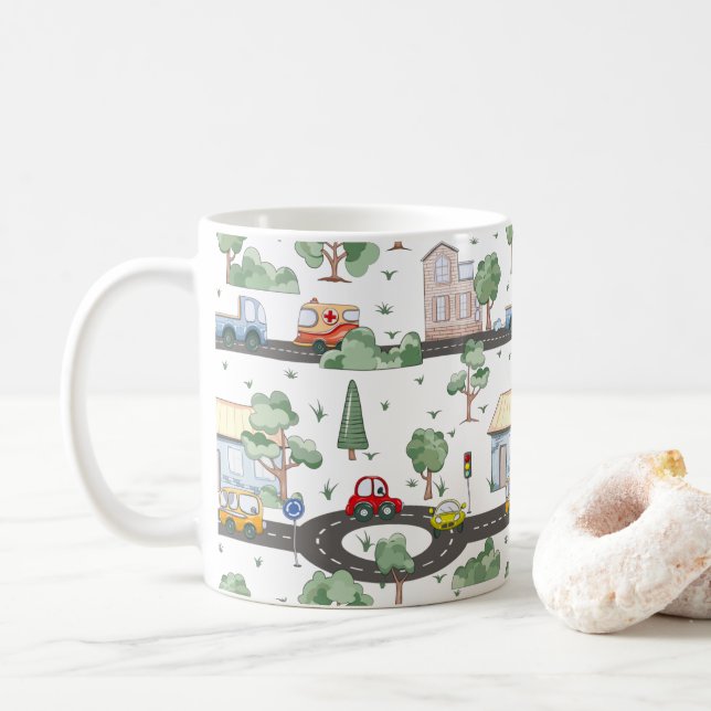 Cute Cars in Town Pattern for Little Boys Coffee Mug (With Donut)