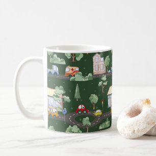 Cute Cars in Town Pattern for Little Boys Green Coffee Mug
