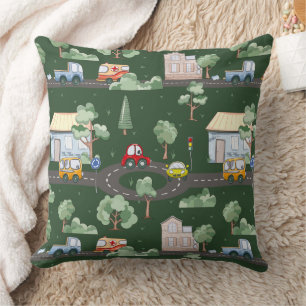 Cute Cars in Town Pattern for Little Boys Green Cushion